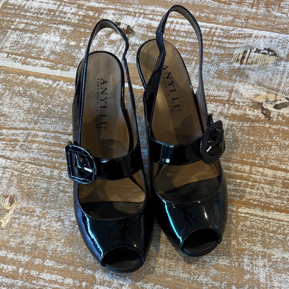 Anyi Lu Glossy Black Slingback Heels